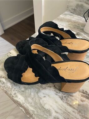 Free People Black Ruffle Suede Slide Clogs with Wood-Effect Heel